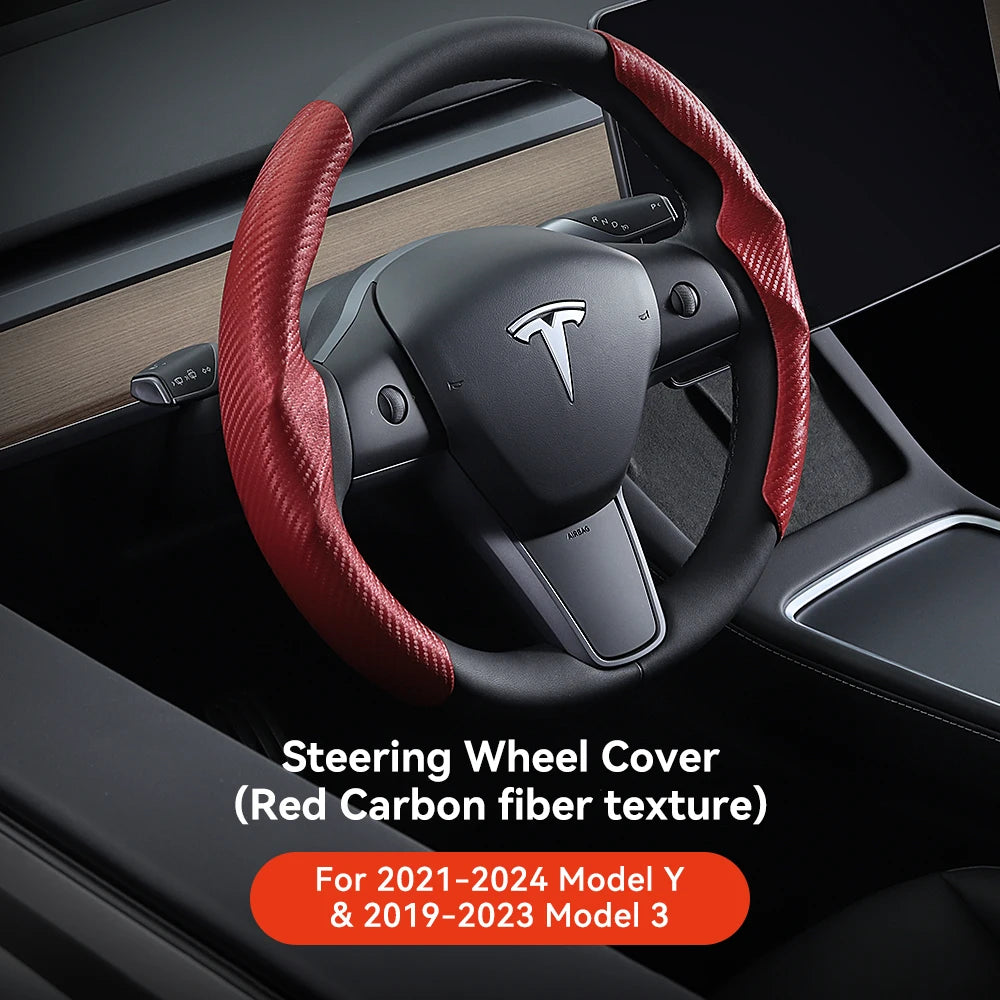 Tesla Model 3/Y Highland Juniper Carbon Fiber Steering Wheel Cover - Premium Leather