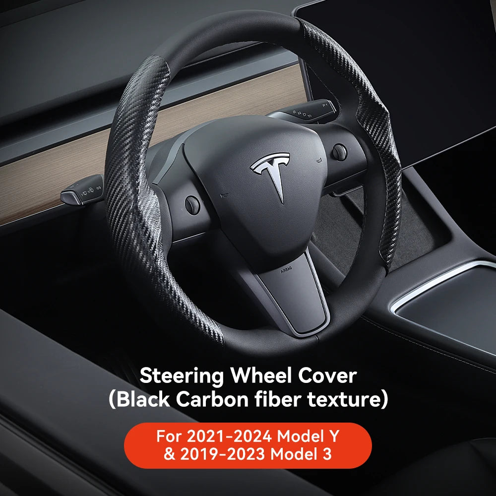 Tesla Model 3/Y Highland Juniper Carbon Fiber Steering Wheel Cover - Premium Leather