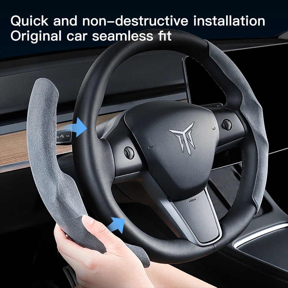 Tesla Model 3/Y Highland Juniper Carbon Fiber Steering Wheel Cover - Premium Leather