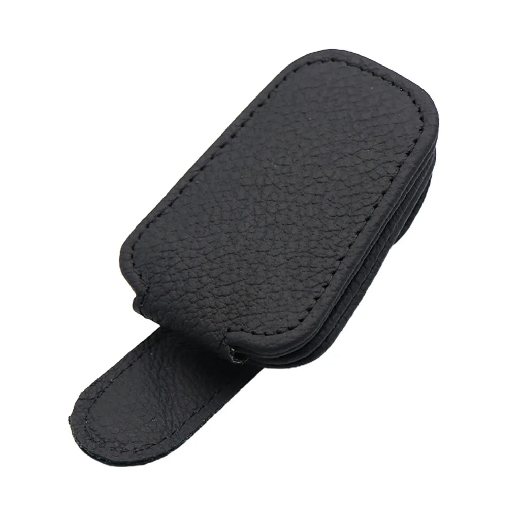 Premium Car Sunglasses Holder - Magnetic Sun Visor Clip with Leather Case for Eyeglasses & Cards black