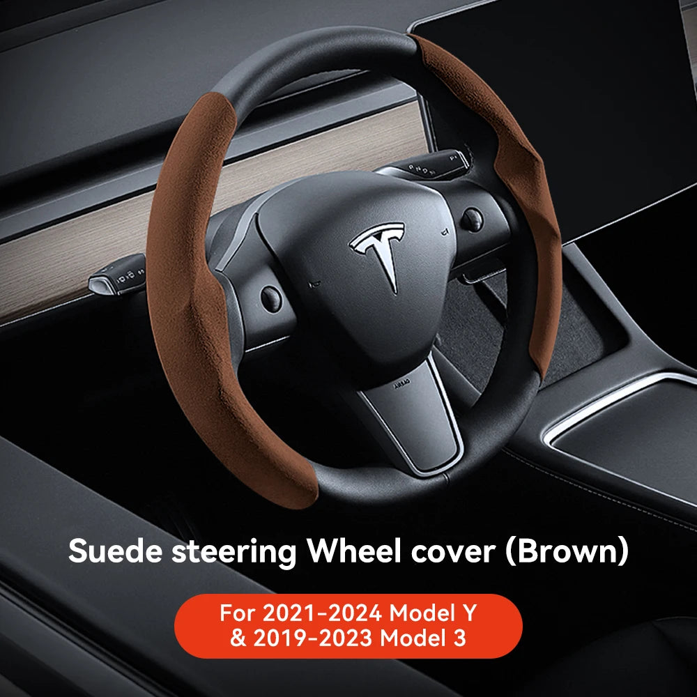 Tesla Model 3/Y Highland Juniper Carbon Fiber Steering Wheel Cover - Premium Leather Brown