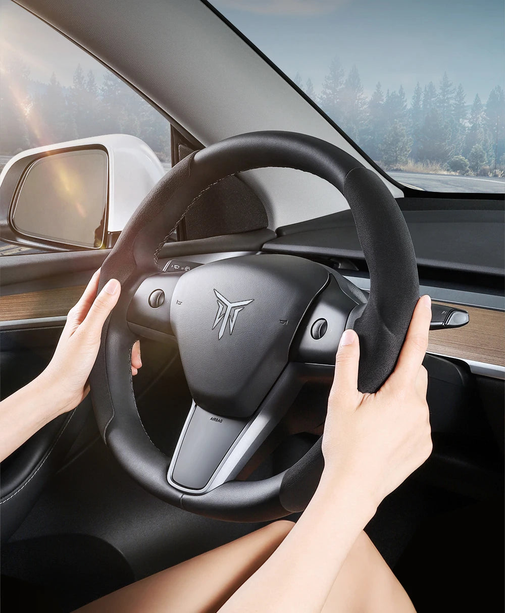 Tesla Model 3/Y Highland Juniper Carbon Fiber Steering Wheel Cover - Premium Leather