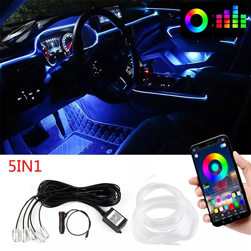 Flexible EL Wire Lights with App Control - Car Interior RGB LED Strip 5in1 6m Cigarette