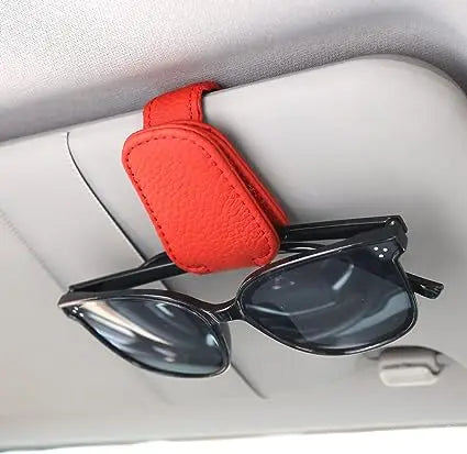 Premium Car Sunglasses Holder - Magnetic Sun Visor Clip with Leather Case for Eyeglasses & Cards