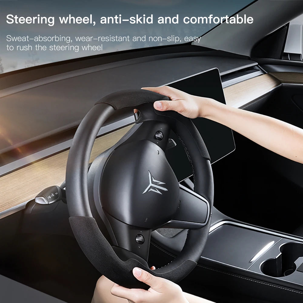 Tesla Model 3/Y Highland Juniper Carbon Fiber Steering Wheel Cover - Premium Leather