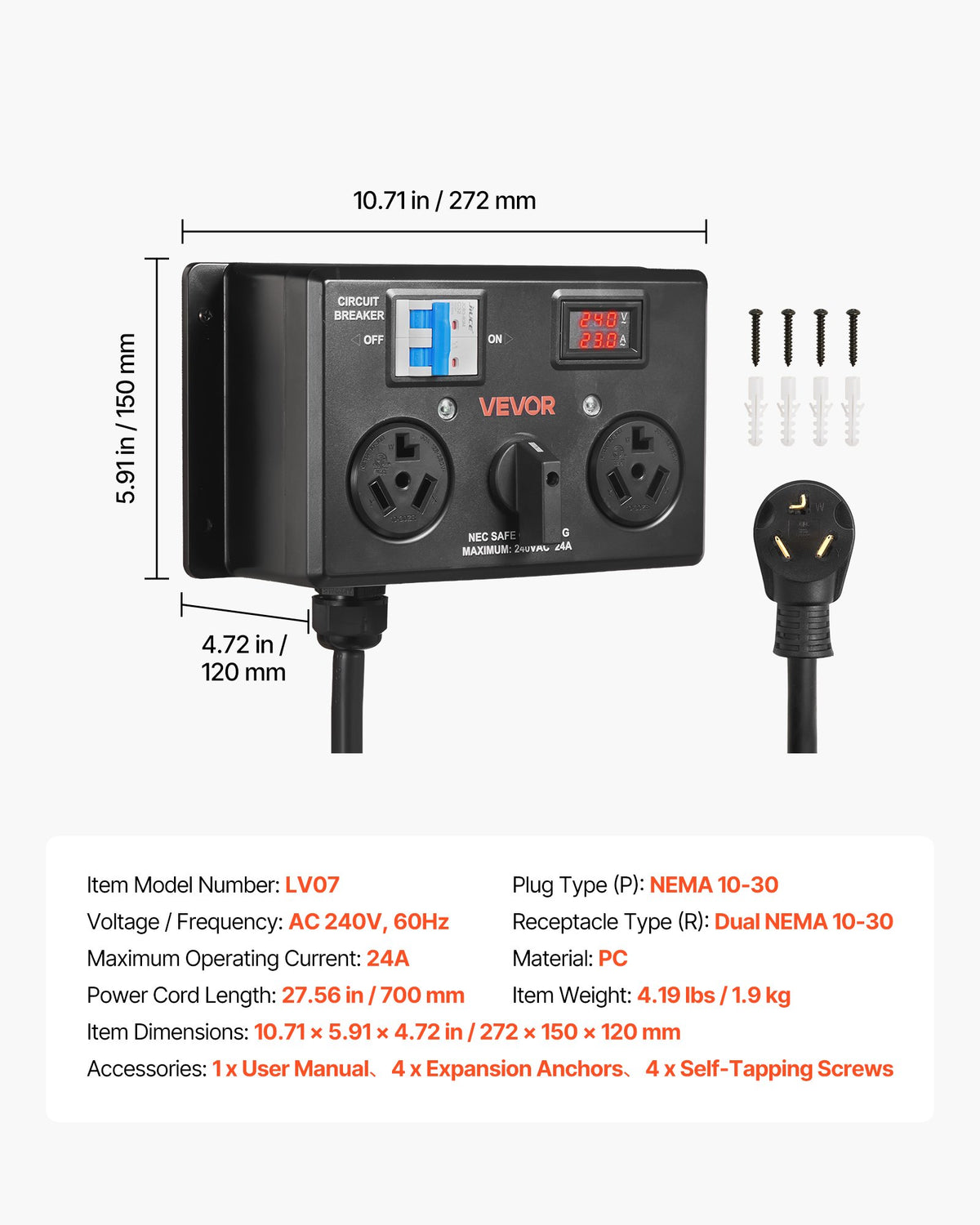 Manual EV Charging Splitter Switch NEMA 10-30 — 24A 240V, Share Outlet with Dryer
