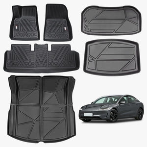 Heavy-Duty Floor Mats for Tesla Model 3 2023-2025 — 6-PC TPE Waterproof Full Coverage Set