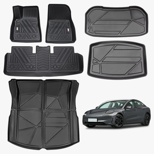 Heavy-Duty Floor Mats for Tesla Model 3 2023-2025 — 6-PC TPE Waterproof Full Coverage Set