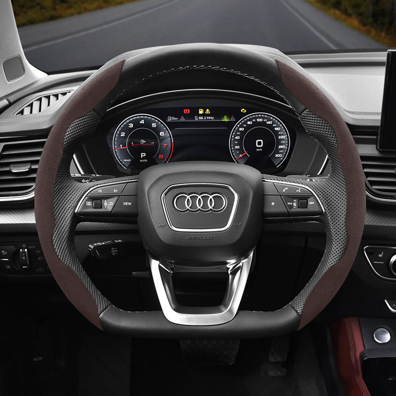 Audi Ultra-Thin Steering Wheel Cover - Non-Slip Snap-On Installation Mocha For AUDI D-shaped Steering Wheel 2-piece Set