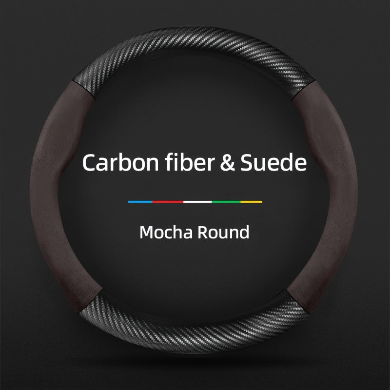 Carbon Fiber Faux Leather Steering Wheel Cover - 15 Inch Sports Style Mocha Round Carbon fiber & Suede