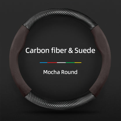 Carbon Fiber Faux Leather Steering Wheel Cover - 15 Inch Sports Style Mocha Round Carbon fiber & Suede