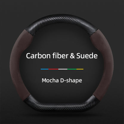 Carbon Fiber Faux Leather Steering Wheel Cover - 15 Inch Sports Style Mocha D-Shaped Carbon fiber & Suede