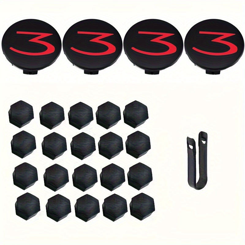 Tesla Model 3/S/X/Y Wheel Hub Caps - 24 Pack Number 3 Logo Center Covers Black Red