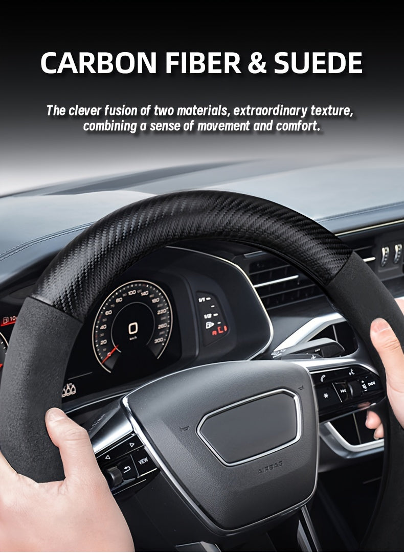 Carbon Fiber Faux Leather Steering Wheel Cover - 15 Inch Sports Style