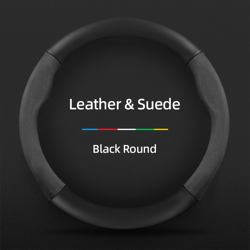 Carbon Fiber Faux Leather Steering Wheel Cover - 15 Inch Sports Style Black Round Leather & Suede