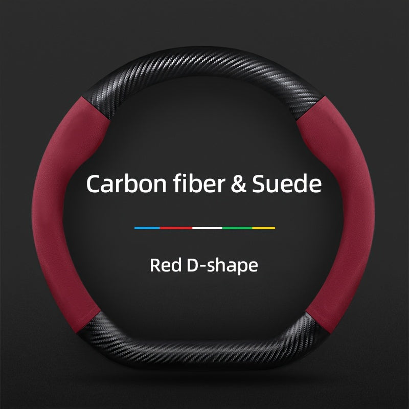 Carbon Fiber Faux Leather Steering Wheel Cover - 15 Inch Sports Style Red D-Shaped Carbon fiber & Suede