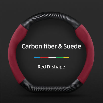 Carbon Fiber Faux Leather Steering Wheel Cover - 15 Inch Sports Style Red D-Shaped Carbon fiber & Suede
