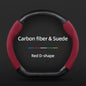 Carbon Fiber Faux Leather Steering Wheel Cover - 15 Inch Sports Style Red D-Shaped Carbon fiber & Suede