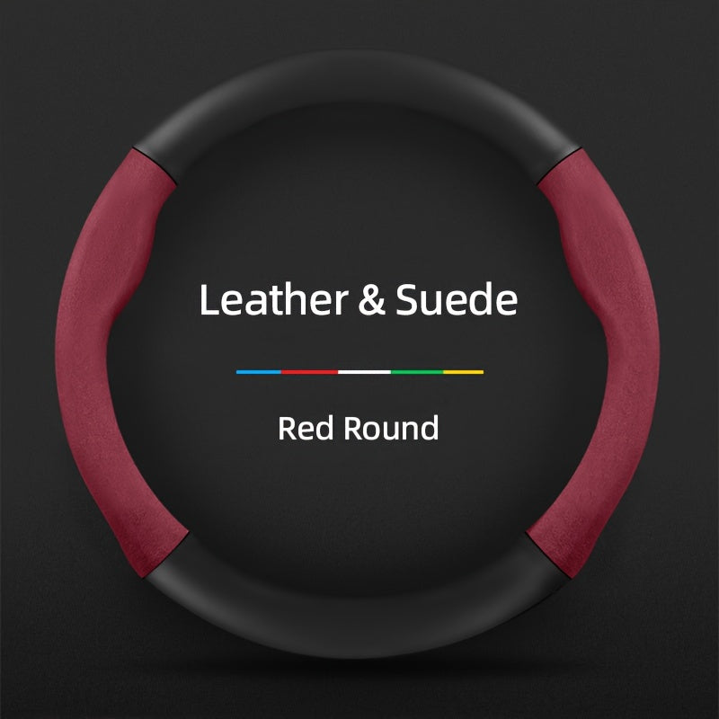 Carbon Fiber Faux Leather Steering Wheel Cover - 15 Inch Sports Style Red Round Leather & Suede