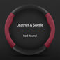 Carbon Fiber Faux Leather Steering Wheel Cover - 15 Inch Sports Style Red Round Leather & Suede