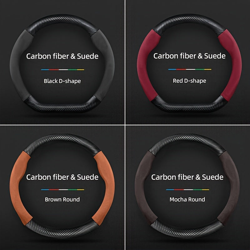 Carbon Fiber Faux Leather Steering Wheel Cover - 15 Inch Sports Style