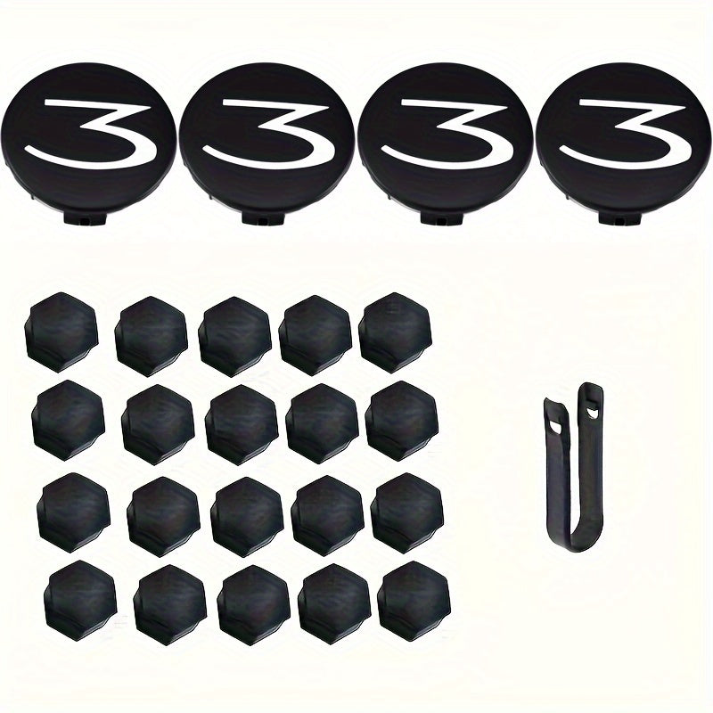 Tesla Model 3/S/X/Y Wheel Hub Caps - 24 Pack Number 3 Logo Center Covers Black And White Color