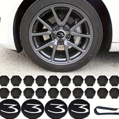 Tesla Model 3/S/X/Y Wheel Hub Caps - 24 Pack Number 3 Logo Center Covers