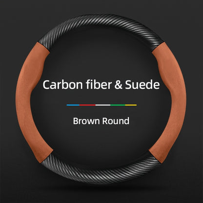 Carbon Fiber Faux Leather Steering Wheel Cover - 15 Inch Sports Style Brown Round Carbon fiber & Suede
