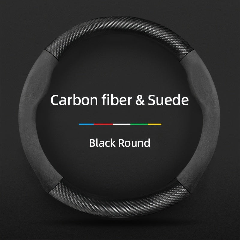 Carbon Fiber Faux Leather Steering Wheel Cover - 15 Inch Sports Style Black Round Carbon fiber & Suede