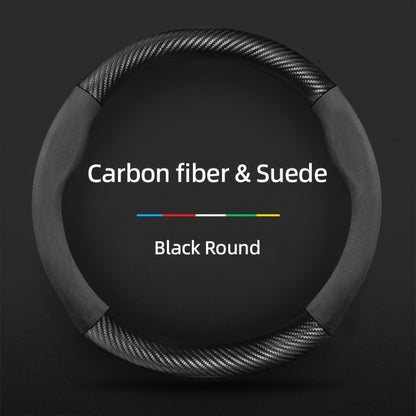 Carbon Fiber Faux Leather Steering Wheel Cover - 15 Inch Sports Style Black Round Carbon fiber & Suede