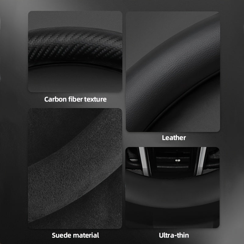 Carbon Fiber Faux Leather Steering Wheel Cover - 15 Inch Sports Style