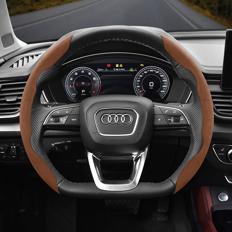 Audi Ultra-Thin Steering Wheel Cover - Non-Slip Snap-On Installation Brown For AUDI D-shaped Steering Wheel 2-piece Set