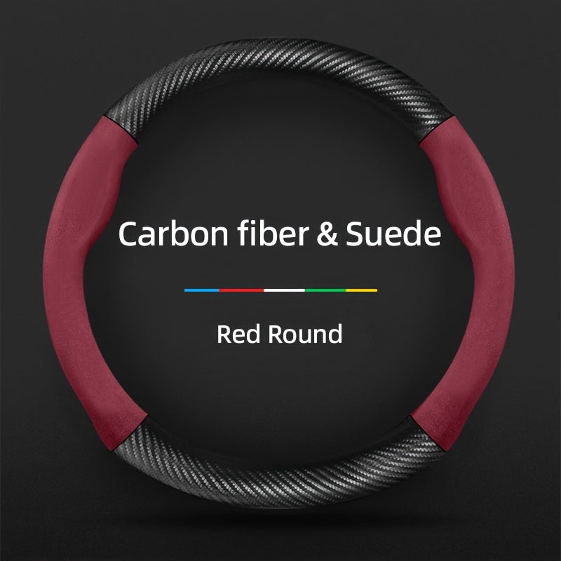 Carbon Fiber Faux Leather Steering Wheel Cover - 15 Inch Sports Style Red Round Carbon fiber & Suede