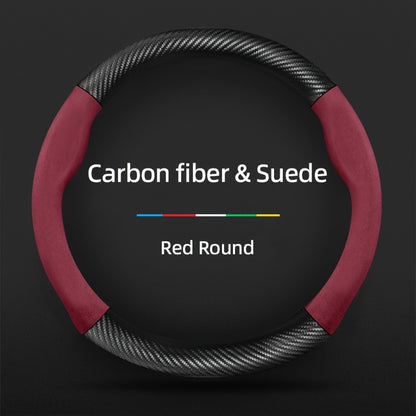Carbon Fiber Faux Leather Steering Wheel Cover - 15 Inch Sports Style Red Round Carbon fiber & Suede