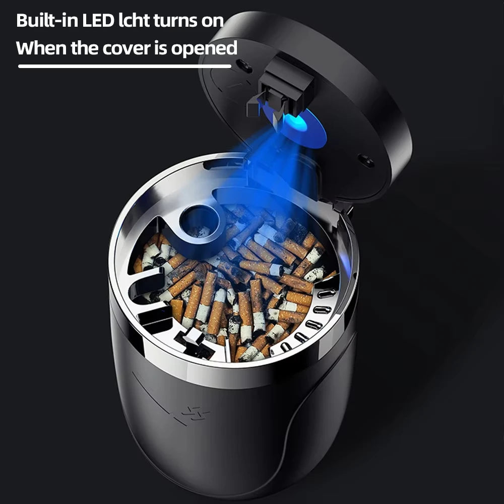 Car Cigarette Ashtray Cup with LED Light & Lid - Black Portable