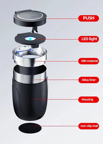 Car Cigarette Ashtray Cup with LED Light & Lid - Black Portable