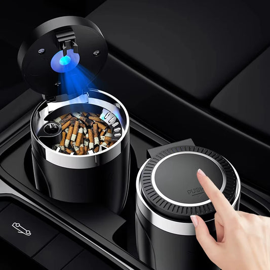 Car Cigarette Ashtray Cup with LED Light & Lid - Black Portable