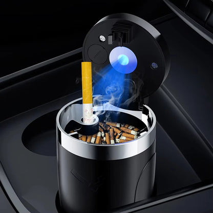 Car Cigarette Ashtray Cup with LED Light & Lid - Black Portable