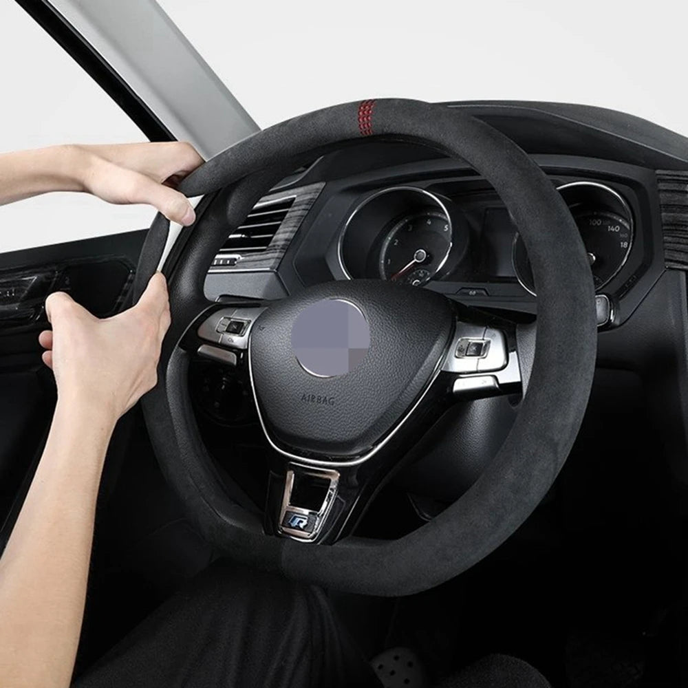BMW Suede Leather Steering Wheel Cover - 38cm Universal Fit