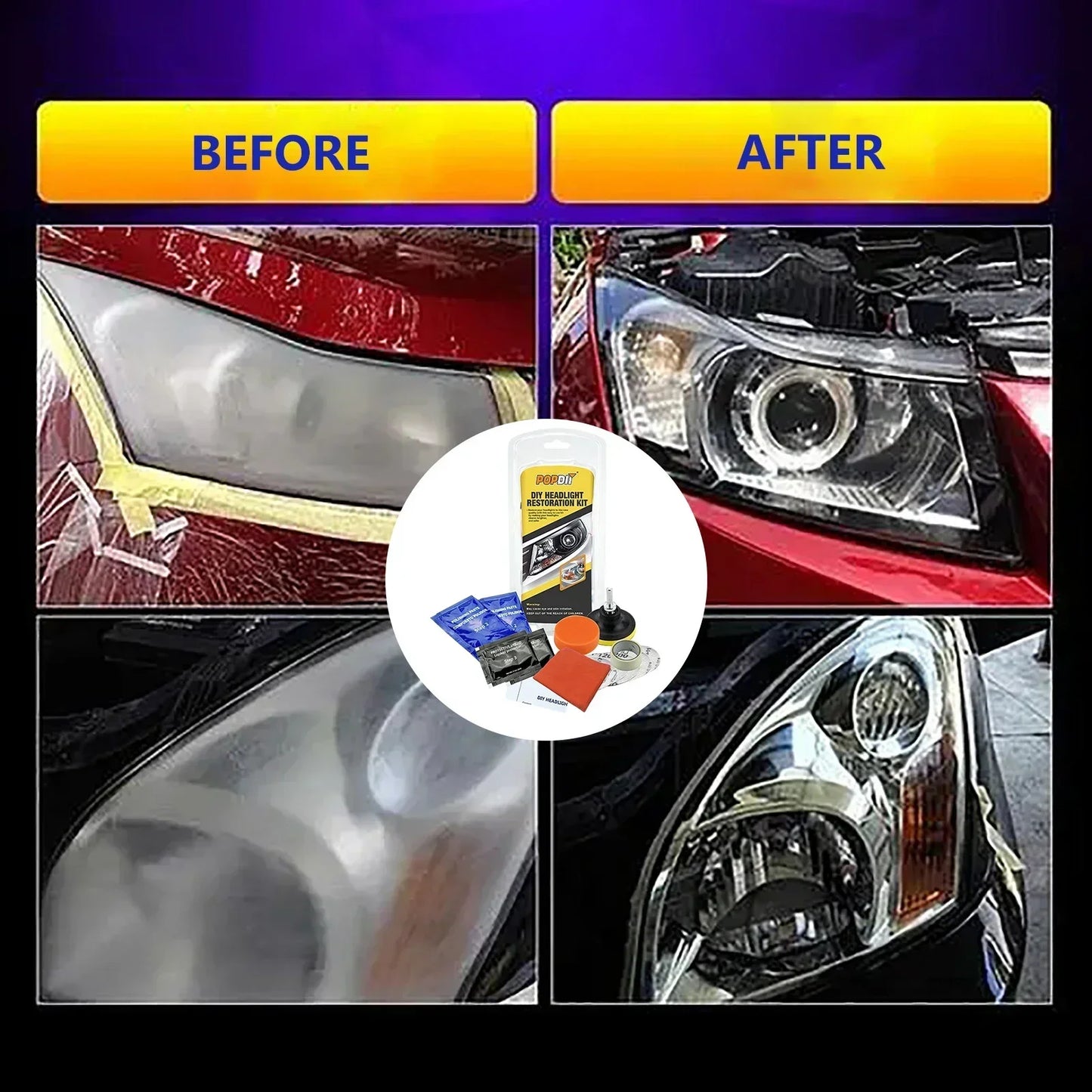 Car Headlight Restoration Kit - Fix Yellowing & Scratches