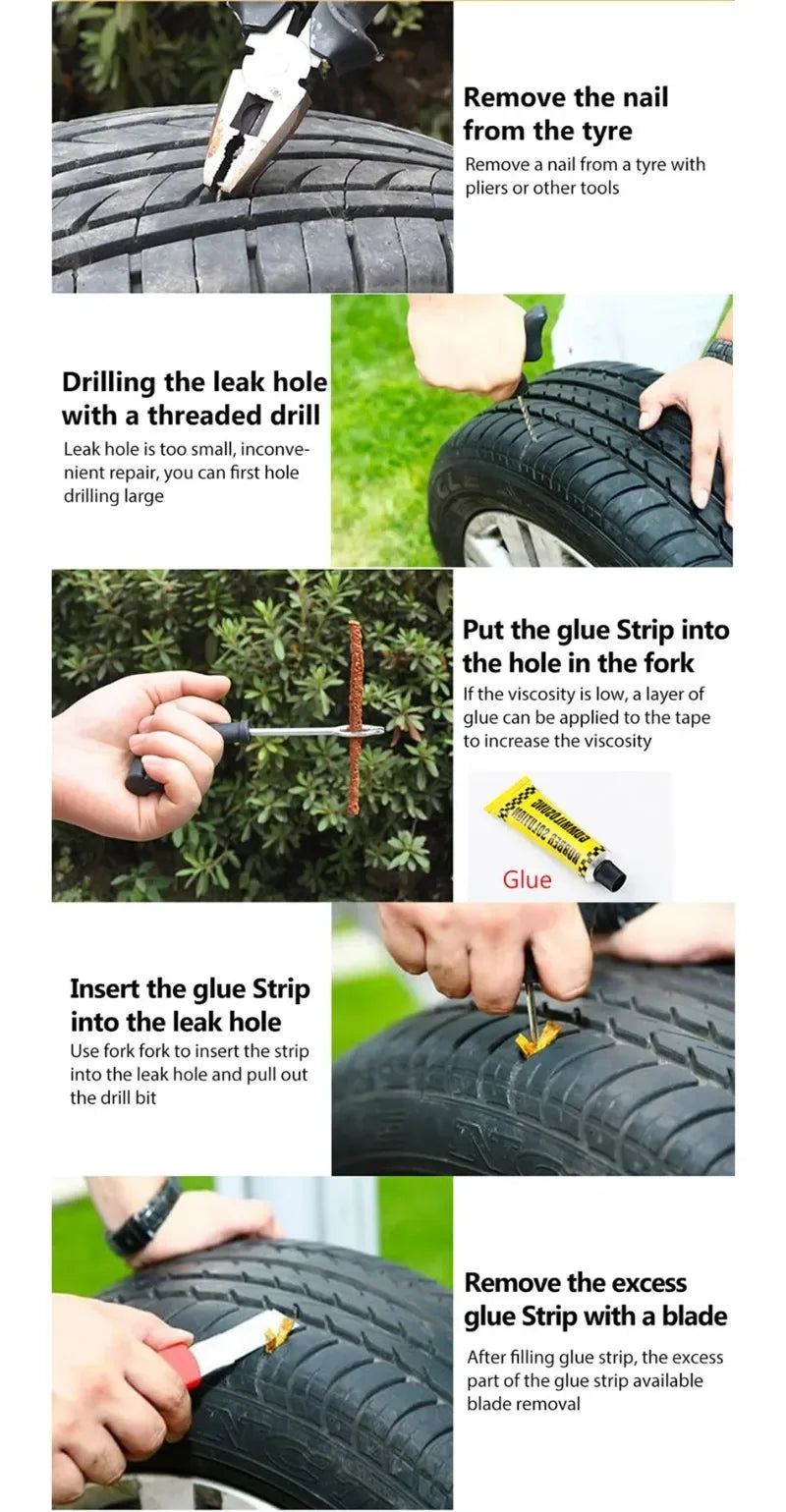 Car Tire Repair Tool Kit - 8 Piece Set with Rubber Strips