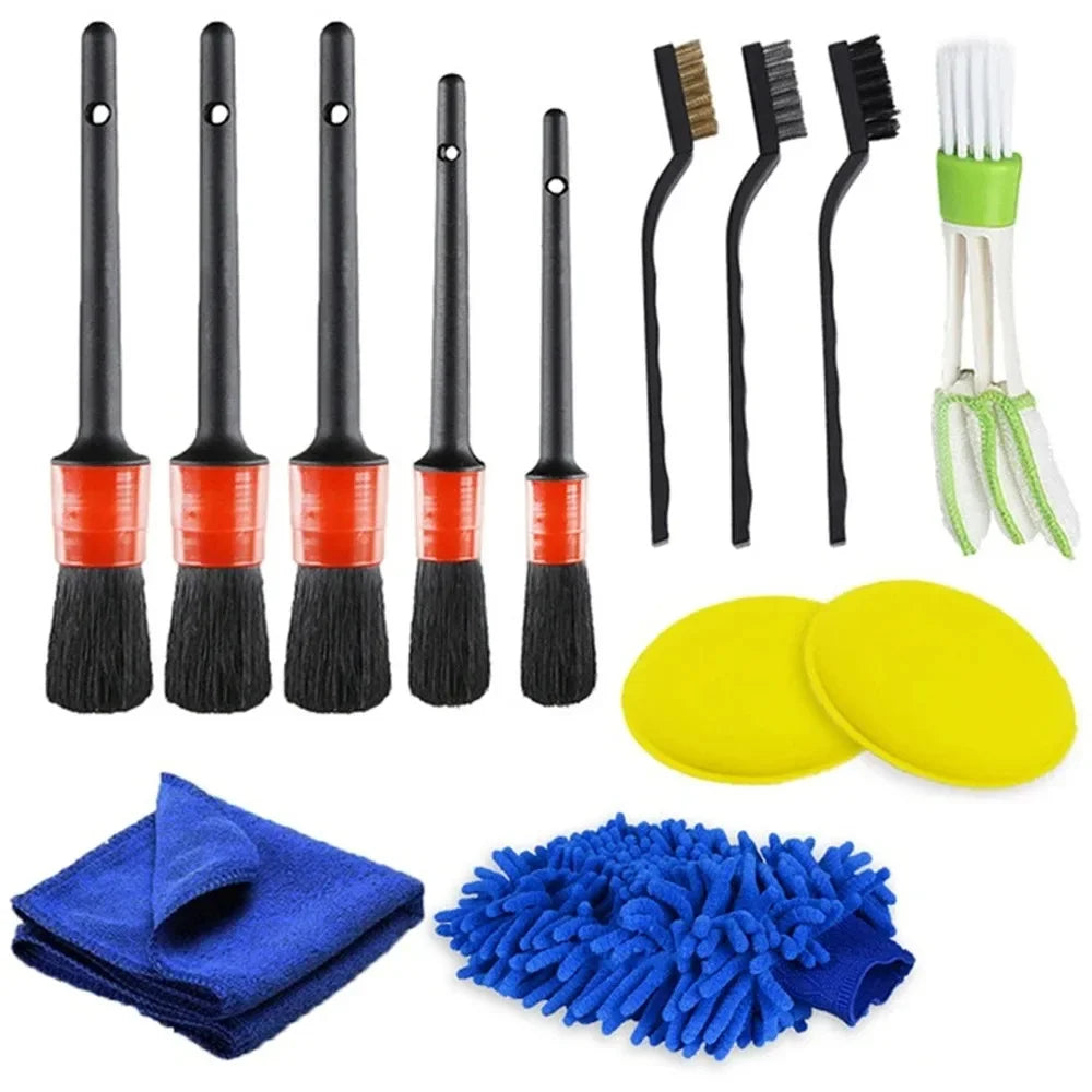 Car Detailing Brush Set - 3 Piece Cleaning Kit with Sponges & Towels