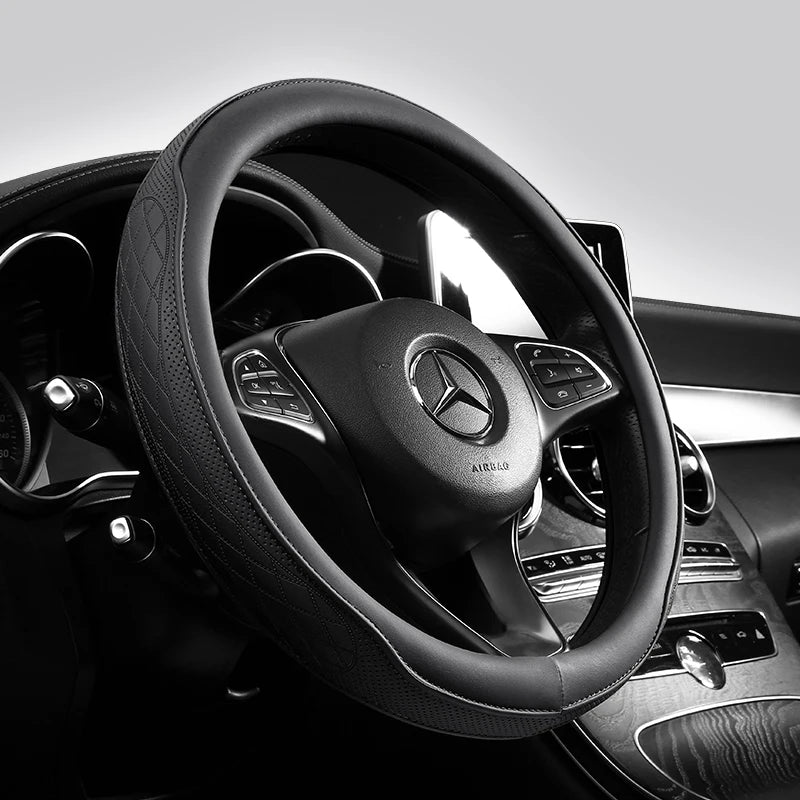 Premium Napa Leather Steering Wheel Cover - Universal 15 Inch Non-Slip