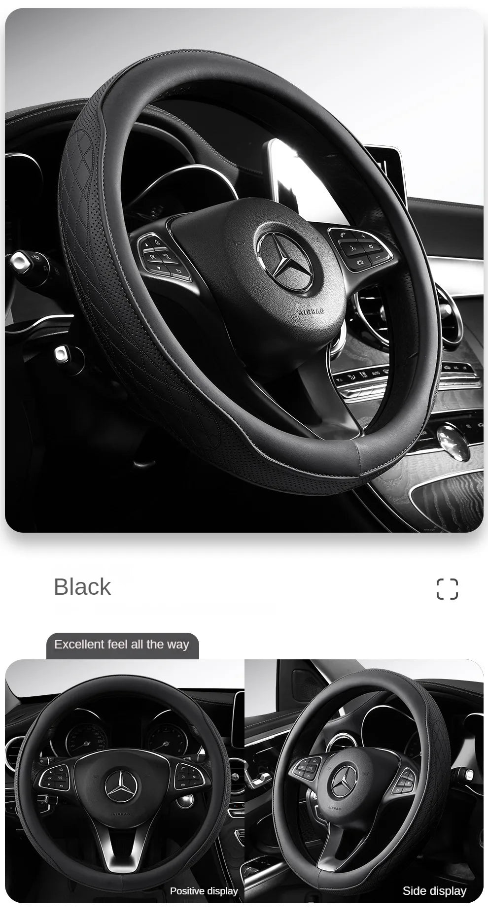 Premium Napa Leather Steering Wheel Cover - Universal 15 Inch Non-Slip