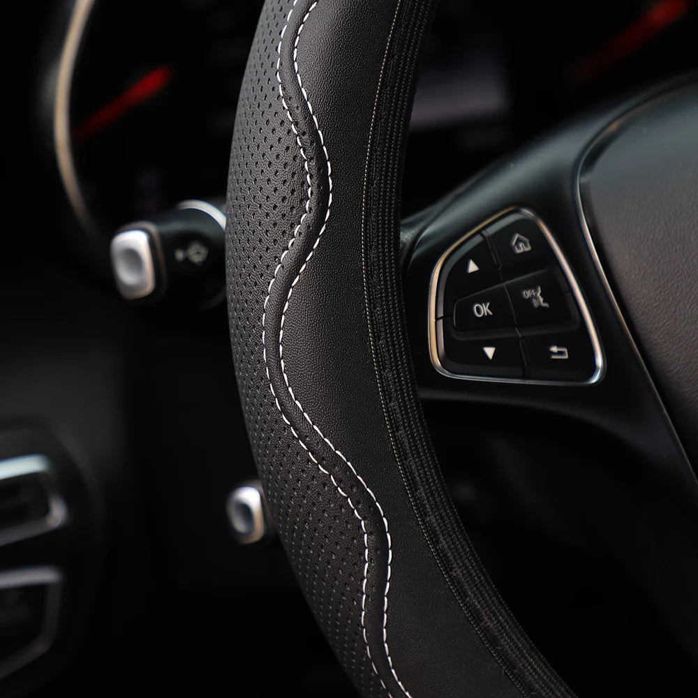 Leather Steering Wheel Cover - Embossed Massage Grip 14.5-15 Inches