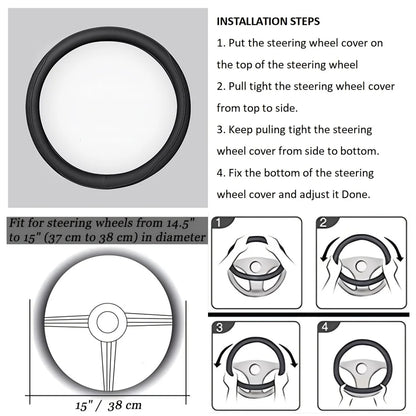 Premium Napa Leather Steering Wheel Cover - Universal 15 Inch Non-Slip