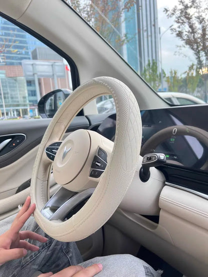 Premium Napa Leather Steering Wheel Cover - Universal 15 Inch Non-Slip
