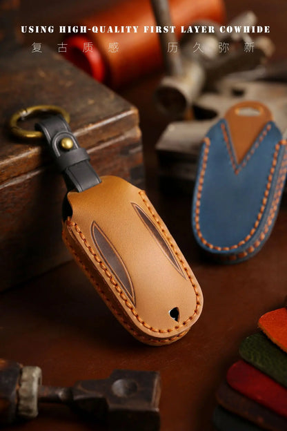 Tesla Leather Key Cover - Keychain Holder Case Protector for Model S/3/X Keyless Remote