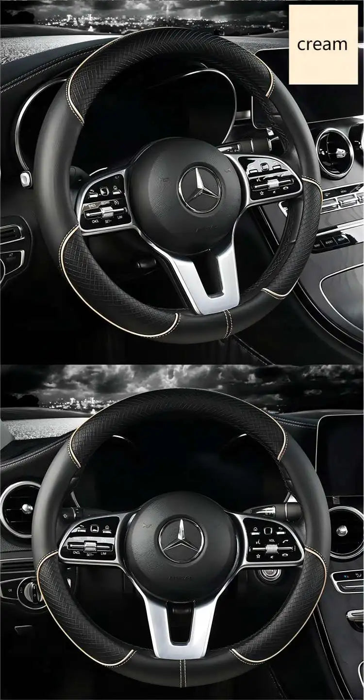 Premium Leather Steering Wheel Cover - Universal 14.5-15 Inch Diamond Pattern