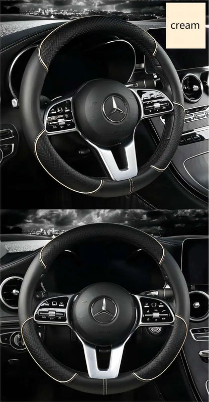 Premium Leather Steering Wheel Cover - Universal 14.5-15 Inch Diamond Pattern